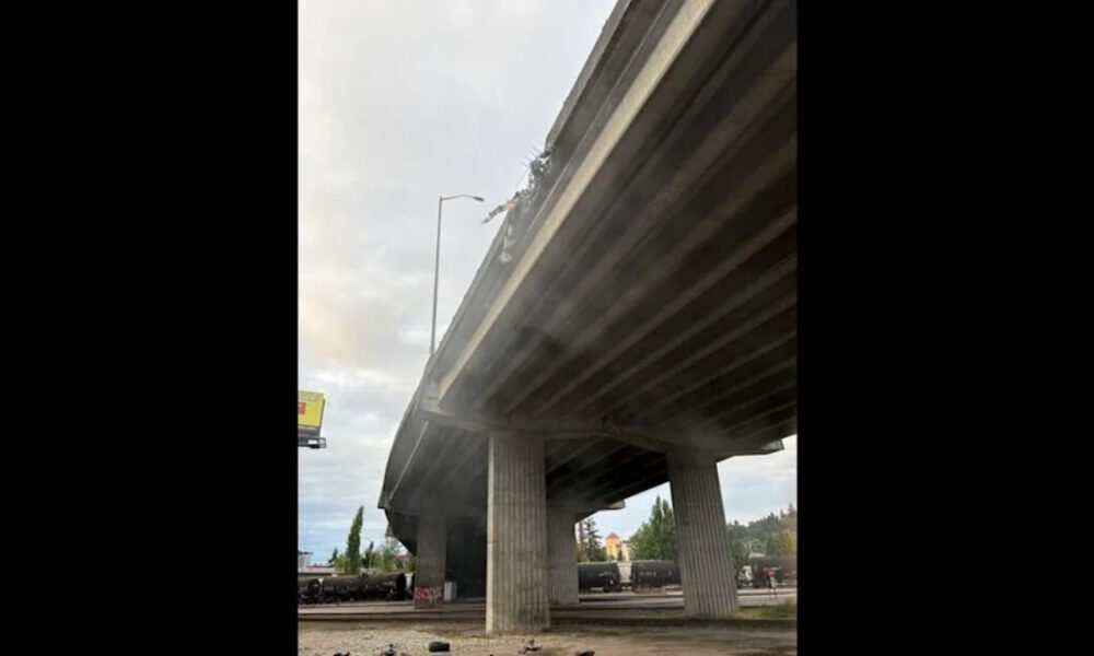 Damaged elevated highway with debris hanging from the edge; trucks and cars beneath as smoke rises nearby.