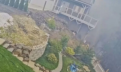 Backyard on a slope featuring a curved stone retaining wall, a stone planter, bushes, and a wooden deck attached to a gray house; smoke or fog covers the right side of the scene.