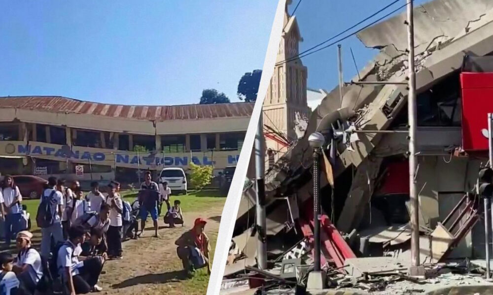 Left panel shows students outside a campus building with a banner, gathering on the lawn. Right panel shows a collapsed building with rubble and debris after a disaster.