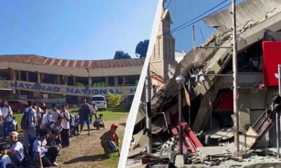 Left panel shows students outside a campus building with a banner, gathering on the lawn. Right panel shows a collapsed building with rubble and debris after a disaster.