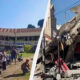 Left panel shows students outside a campus building with a banner, gathering on the lawn. Right panel shows a collapsed building with rubble and debris after a disaster.