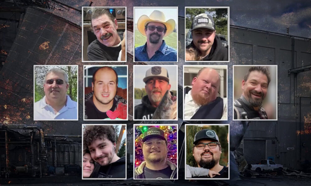 Grid collage of twelve men in individual framed photos against a dark, burnt industrial background.