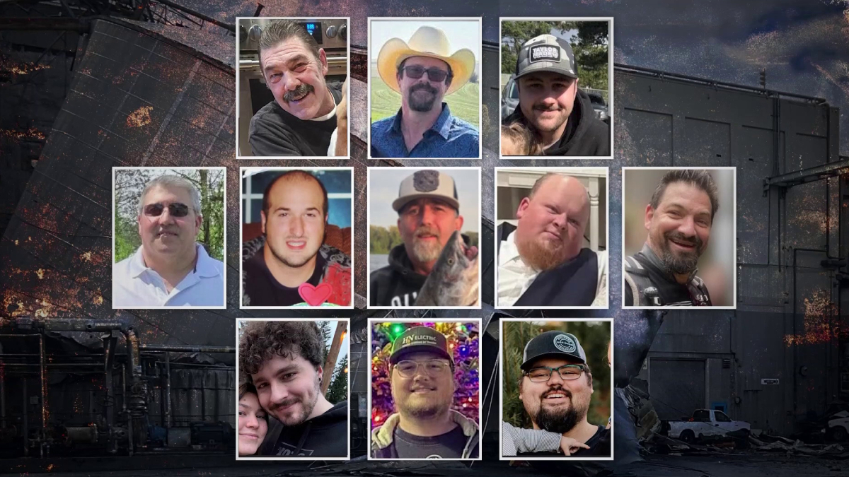 Grid collage of twelve men in individual framed photos against a dark, burnt industrial background.