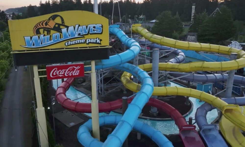 Aerial view of Wild Waves theme park water slides in bright blue, yellow, red, and purple tubes with a Coca-Cola sign nearby.