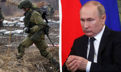 Split-screen: left—camouflage soldier moving through a muddy field; right—a man in a dark suit seated against red and blue backdrop, hands clasped