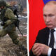 Split-screen: left—camouflage soldier moving through a muddy field; right—a man in a dark suit seated against red and blue backdrop, hands clasped