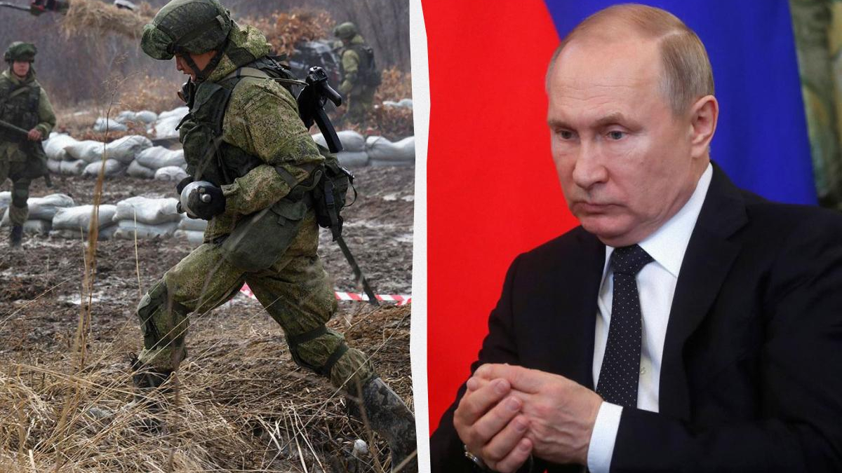 Split-screen: left—camouflage soldier moving through a muddy field; right—a man in a dark suit seated against red and blue backdrop, hands clasped