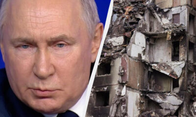 Split image: left half shows a close-up of a stern older man with light hair, blue eyes, and a dark suit; right half shows a severely damaged, rubble-filled building with exposed concrete and debris.