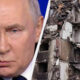 Split image: left half shows a close-up of a stern older man with light hair, blue eyes, and a dark suit; right half shows a severely damaged, rubble-filled building with exposed concrete and debris.