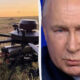 Left: a soldier in camouflage aiming a mounted machine gun in a grassy field at sunset; Right: close-up of a man’s face with blue eyes and light skin.