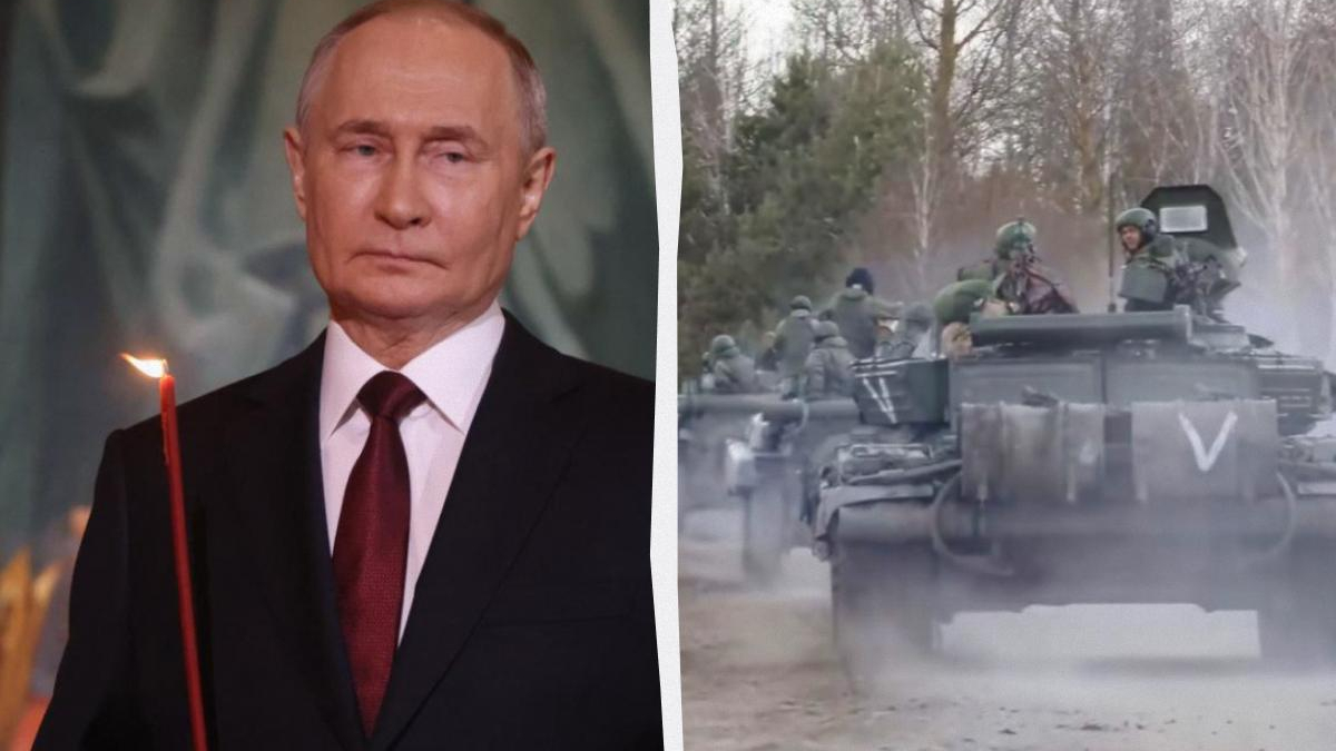 Split image: left side shows a solemn Vladimir Putin holding a lit red candle; right side shows a military tank with soldiers in a forested area.