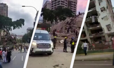 Collage showing disaster aftermath: collapsed buildings, rubble on a city street, and emergency responders including an ambulance nearby.