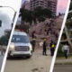 Collage showing disaster aftermath: collapsed buildings, rubble on a city street, and emergency responders including an ambulance nearby.