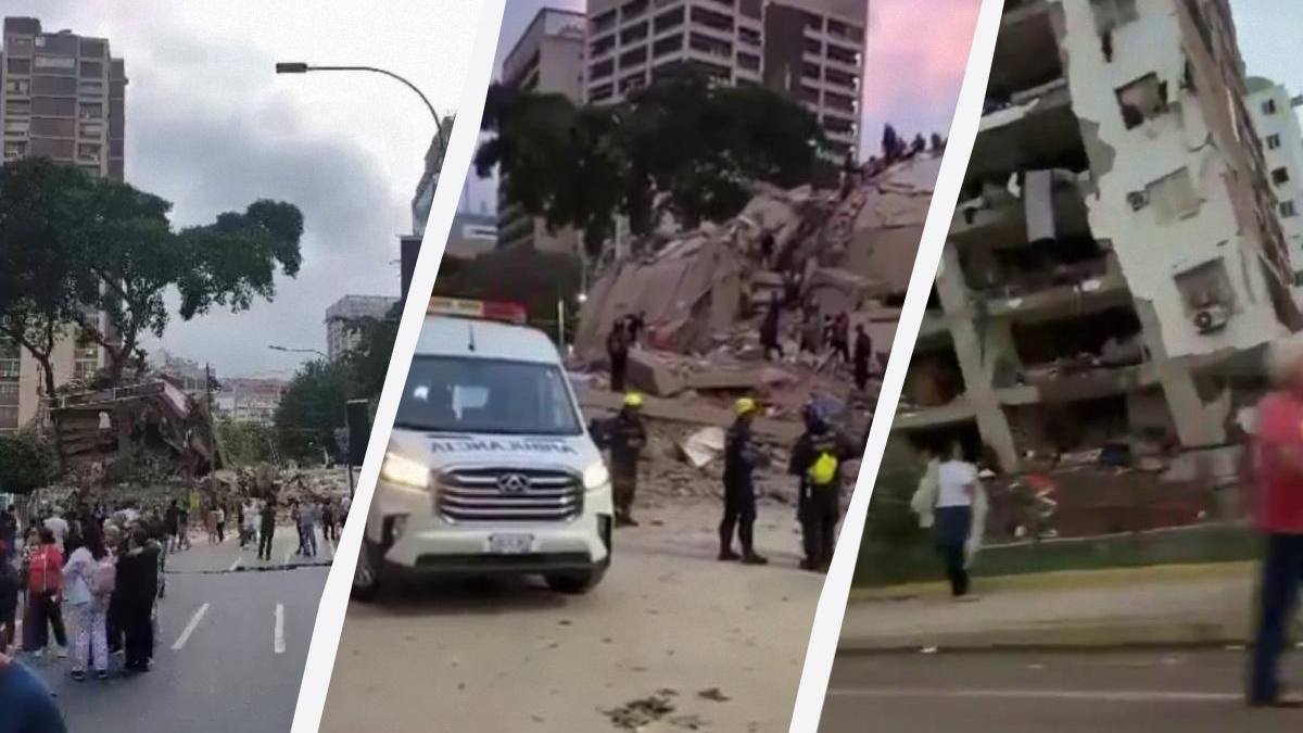 Collage showing disaster aftermath: collapsed buildings, rubble on a city street, and emergency responders including an ambulance nearby.