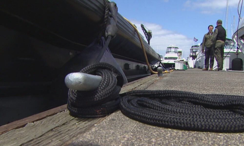 Close-up of a braided mooring rope looped around a silver bollard on a wooden marina dock, with boats in the background.