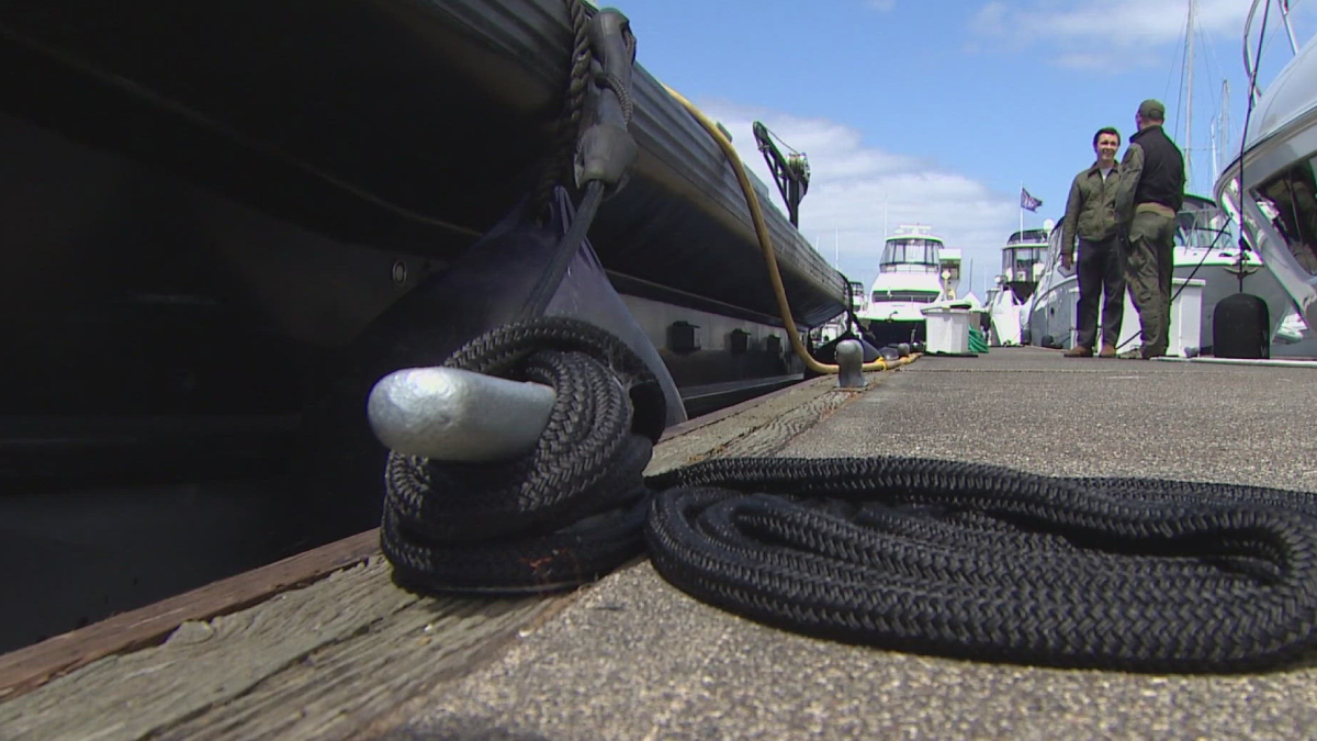Close-up of a braided mooring rope looped around a silver bollard on a wooden marina dock, with boats in the background.