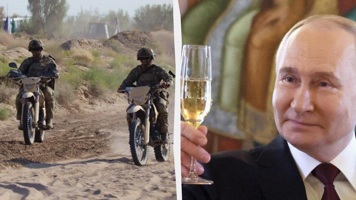 Split image: two soldiers on dirt bikes in a dusty desert on the left, and a man in a suit toasting with a champagne glass on the right.