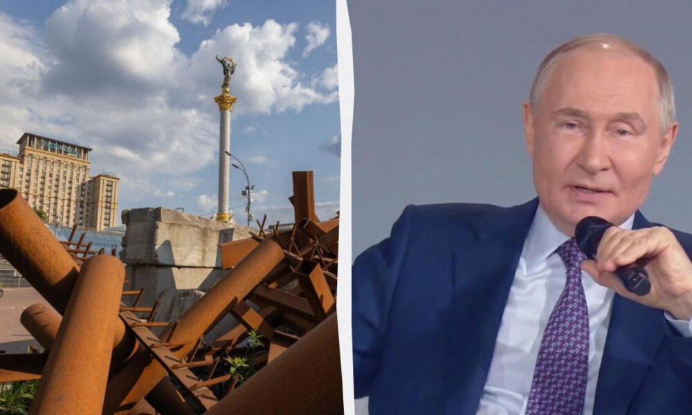 Left: rusted metal debris with a tall monument in the distance; right: a man in a blue suit speaking into a microphone.