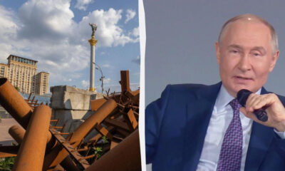 Left: rusted metal debris with a tall monument in the distance; right: a man in a blue suit speaking into a microphone.