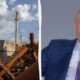 Left: rusted metal debris with a tall monument in the distance; right: a man in a blue suit speaking into a microphone.