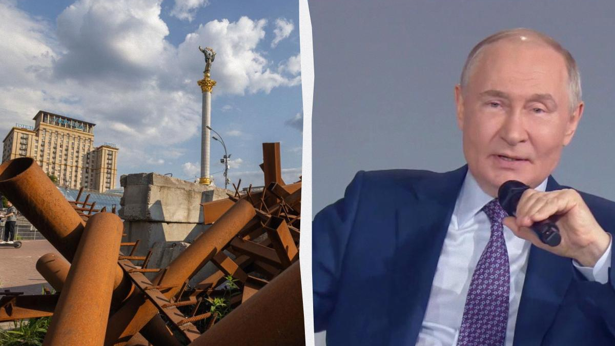 Left: rusted metal debris with a tall monument in the distance; right: a man in a blue suit speaking into a microphone.