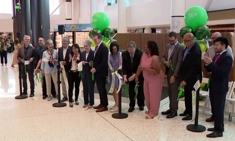 Group of diverse professionals at a ribbon-cutting ceremony with green balloons indoors in a mall or atrium.