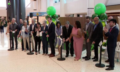 Group of diverse professionals at a ribbon-cutting ceremony with green balloons indoors in a mall or atrium.