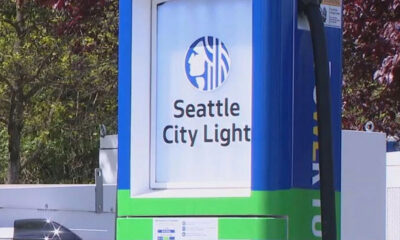 Seattle City Light logo on a blue and green utility box outdoors