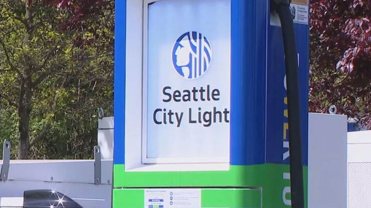 Seattle City Light logo on a blue and green utility box outdoors