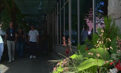 People walking along a shaded sidewalk beside a glass-front building, with lush plants in the foreground.