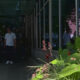 People walking along a shaded sidewalk beside a glass-front building, with lush plants in the foreground.