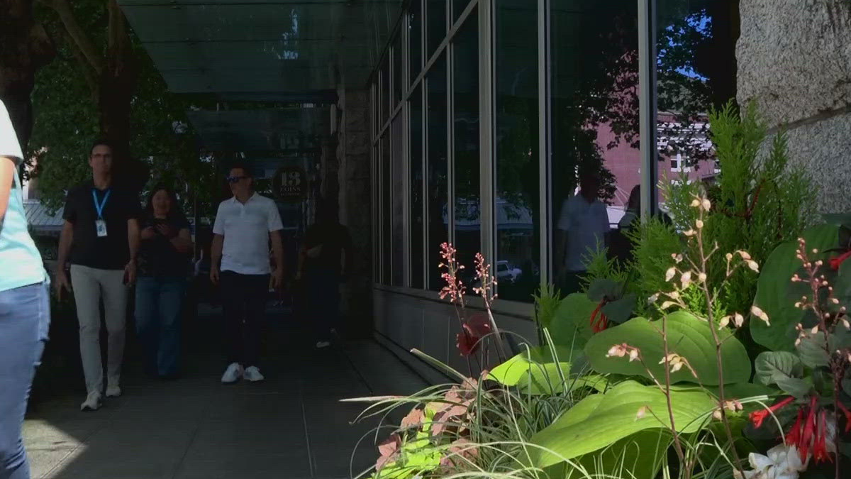 People walking along a shaded sidewalk beside a glass-front building, with lush plants in the foreground.