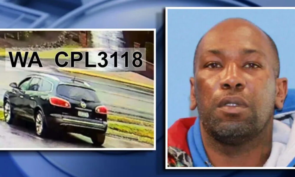 Two-panel news image: left shows a black SUV driving on a wet street with 'WA CPL118' text overlaid; right shows a close-up mugshot of a man against a blue background in a bordered frame.