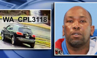 Two-panel news image: left shows a black SUV driving on a wet street with 'WA CPL118' text overlaid; right shows a close-up mugshot of a man against a blue background in a bordered frame.