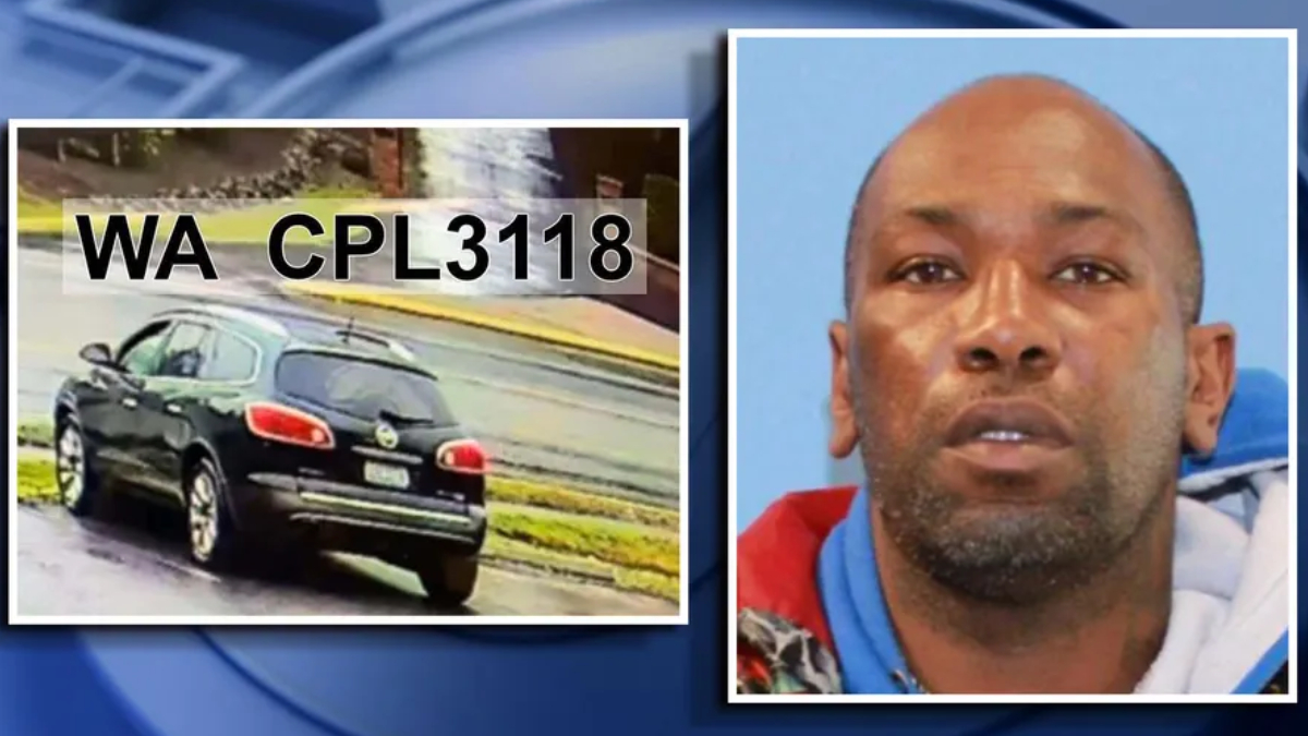 Two-panel news image: left shows a black SUV driving on a wet street with 'WA CPL118' text overlaid; right shows a close-up mugshot of a man against a blue background in a bordered frame.