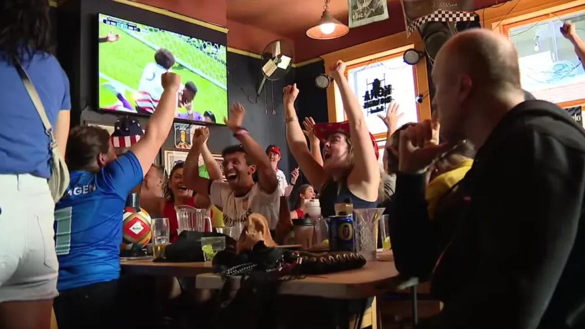 Group of fans at a bar cheering with arms raised as a soccer match plays on a TV screen above them.