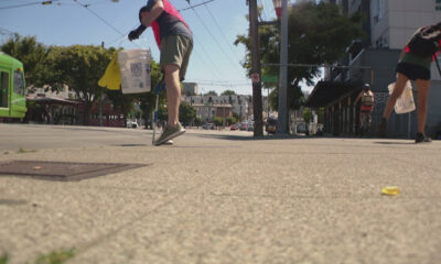 Volunteers collect litter on a sunny urban street, holding bags and a bucket while cleaning the sidewalk.