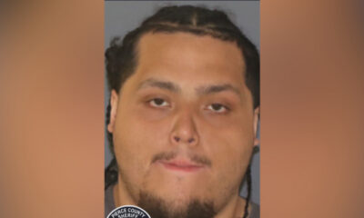 Mugshot of a man with braided hair and goatee against a gray background; a sheriff badge is partially visible in the corner.