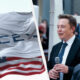 Elon Musk in a suit speaking into a microphone at a SpaceX event, with a SpaceX flag in the foreground.