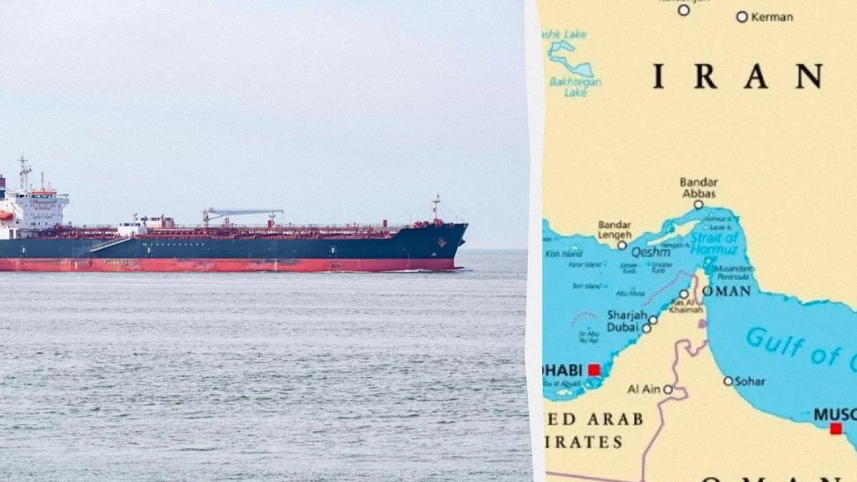 Large cargo ship sailing on calm sea beside a partial map of the Middle East showing Iran and the Persian Gulf.