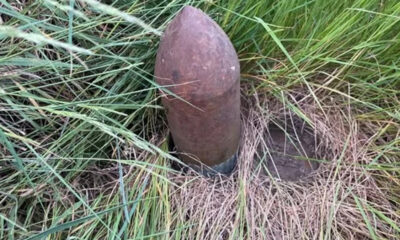 Rusty, cone-topped artillery shell half-buried in soil among tall grass.