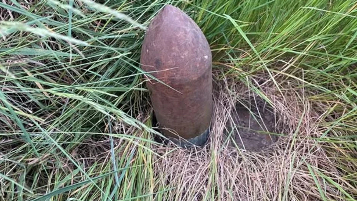 Rusty, cone-topped artillery shell half-buried in soil among tall grass.