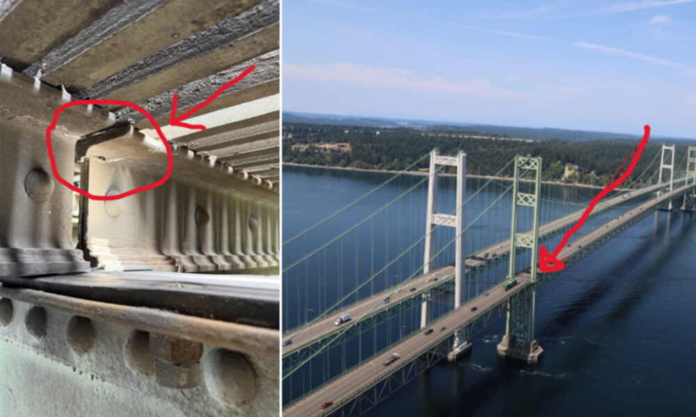 Close-up of a cracked bridge joint circled, paired with an aerial view of a long suspension bridge in the distance.