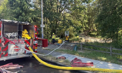 Fire engine with hoses connected to taps, firefighters in reflective gear near a tree-lined park area.