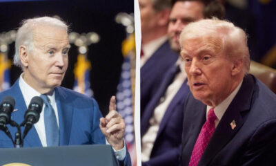 Left: Joe Biden speaking at a podium with microphones; right: Donald Trump seated in a suit with a pink tie. Split-image composition.