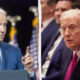 Left: Joe Biden speaking at a podium with microphones; right: Donald Trump seated in a suit with a pink tie. Split-image composition.