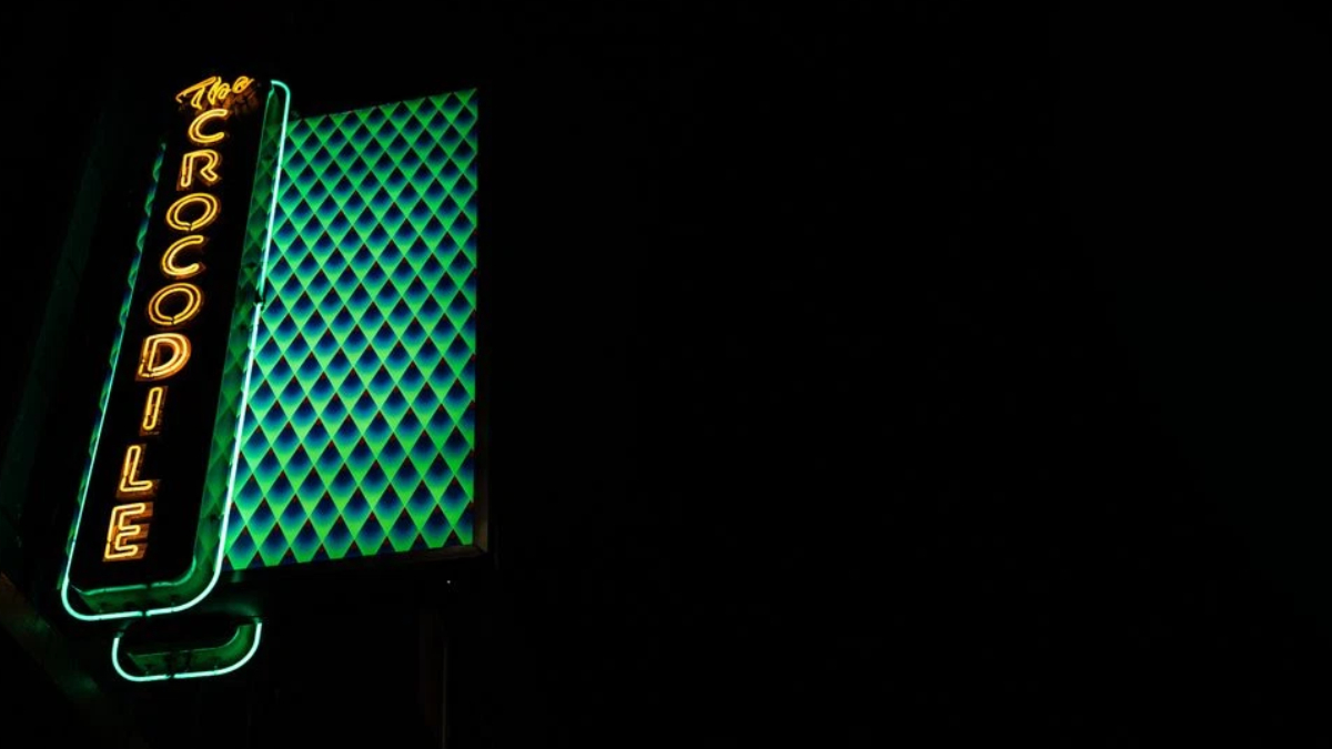 Vertical neon sign reading The Crocodile in yellow, beside a green diamond-patterned wall at night.