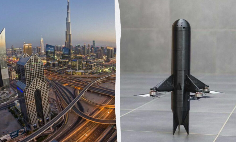 Split image: left shows a modern city skyline with complex elevated highways; right shows a black rocket-like drone with small wings standing upright.