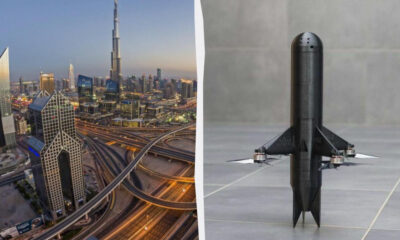 Split image: left shows a modern city skyline with complex elevated highways; right shows a black rocket-like drone with small wings standing upright.