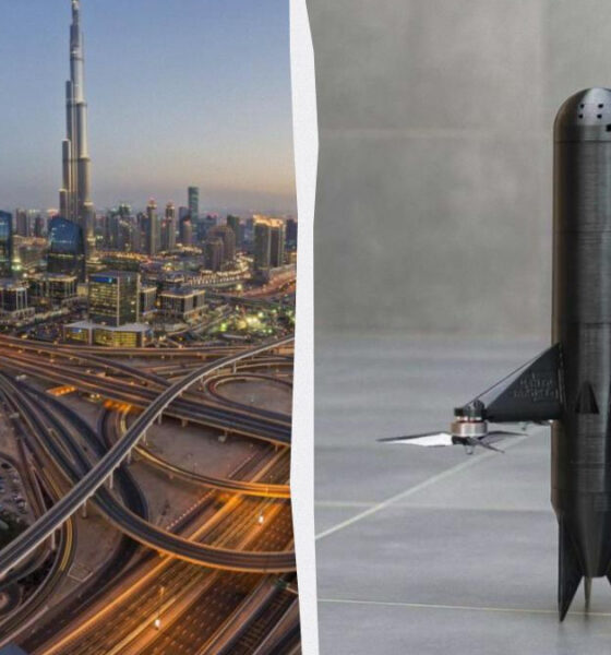 Split image: left shows a modern city skyline with complex elevated highways; right shows a black rocket-like drone with small wings standing upright.